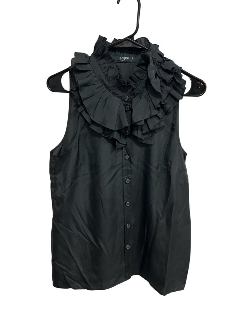 J.Crew Blouse Womens Black Sleeveless Ruffle Collar Button Down Career Chic